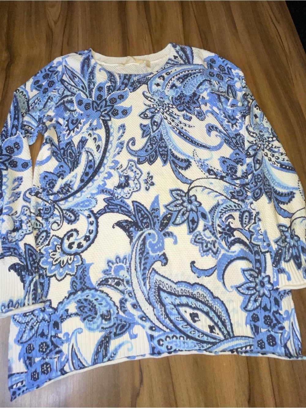 Soft Surroundings Blue and Cream Paisley Knit Sweater S